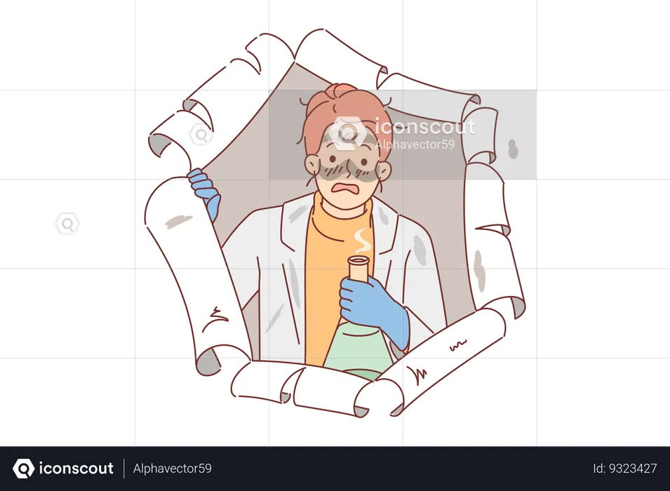 Unsuccessful experiment made by female chemist caused explosion of reagent from flask  Illustration