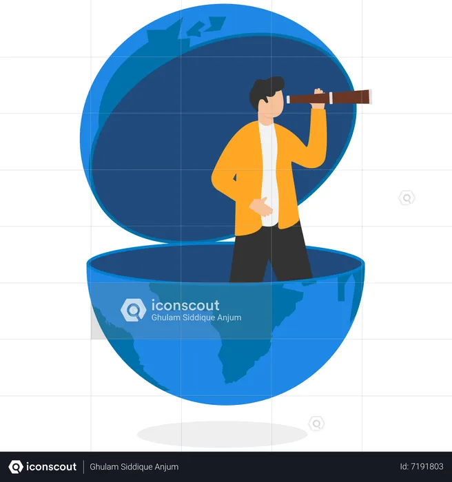 Unternehmer öffnet Globus mit Fernglas auf der Suche nach Zukunftsvision  Illustration