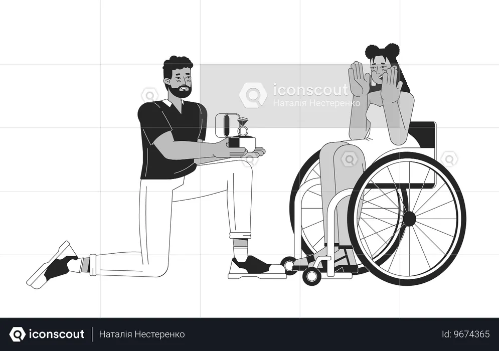 Uomo di colore che propone a una donna ispanica con disabilità  Illustration