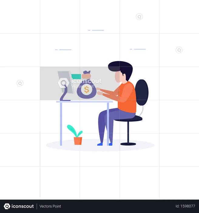 Uomo seduto in ufficio e facendo qualche transazione di denaro online  Illustration