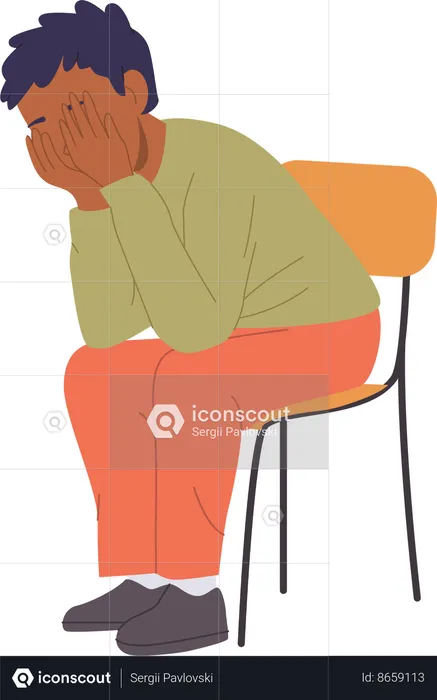 Upset boy child sitting on chair covering face with hands and crying  Illustration