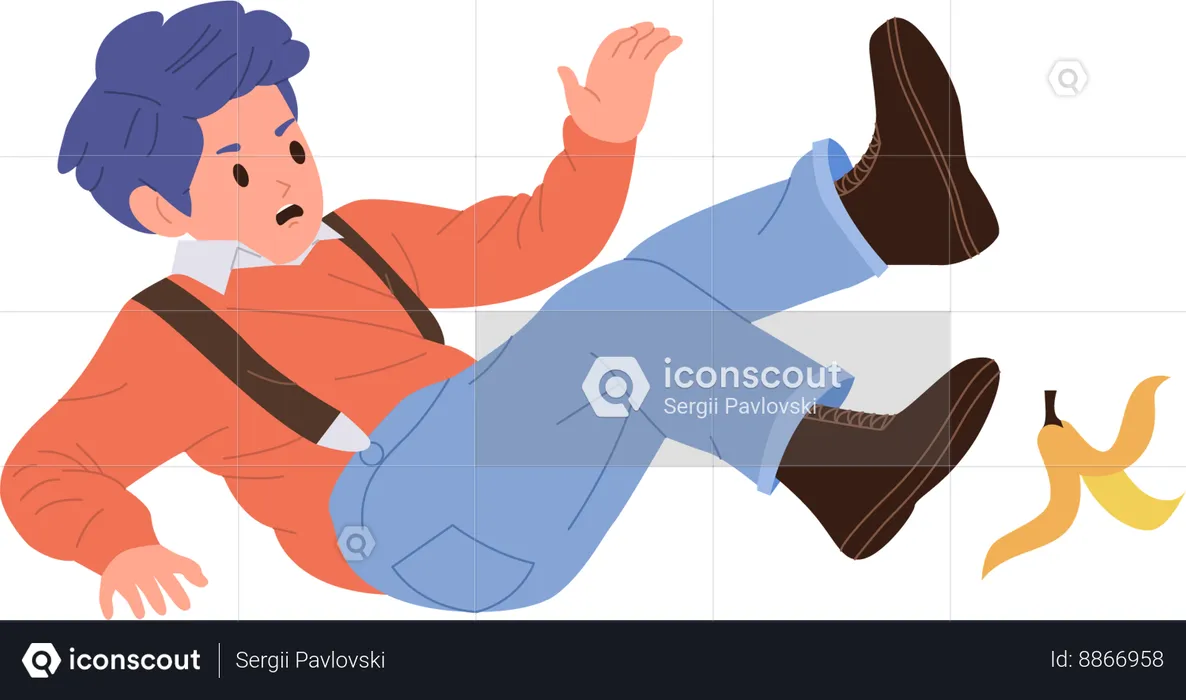 Upset boy falling down while slipping banana peel  Illustration