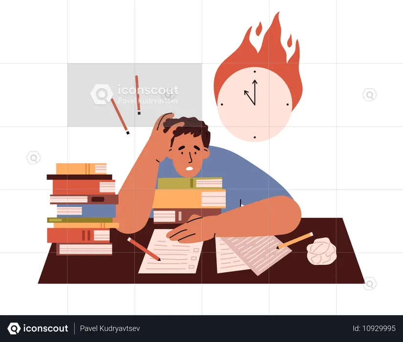 Upset boy with many books preparing for exam,  Illustration