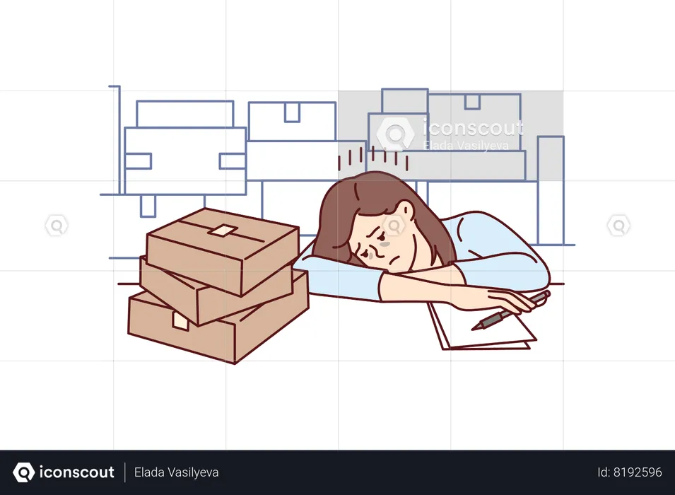 Upset girl near cardboard boxes works in warehouse and falls asleep  Illustration