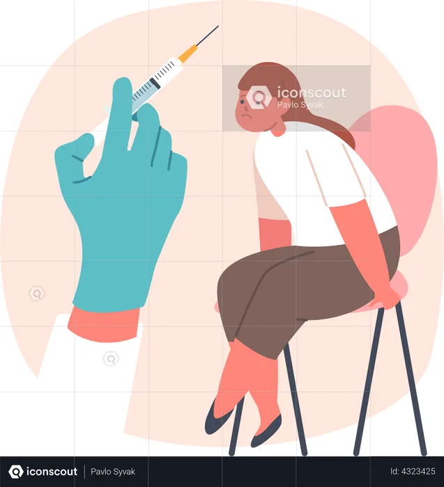 Upset Girl Sitting on Chair in Clinic Afraid of Vaccination  Illustration