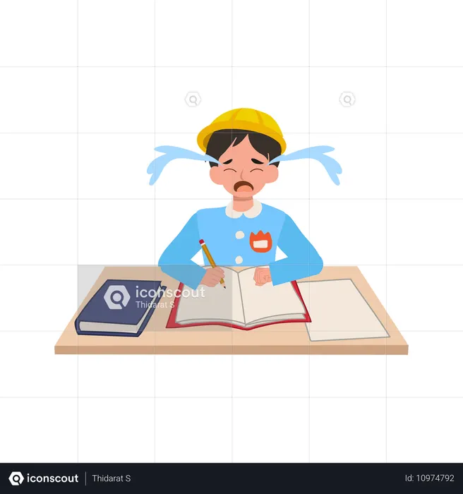 Upset Japanese boy in uniform crying at school desk resisting school activities  Illustration