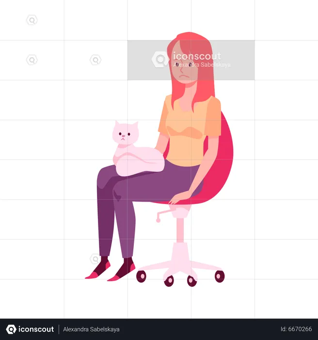 Upset lonely woman sitting in chair with cat  Illustration