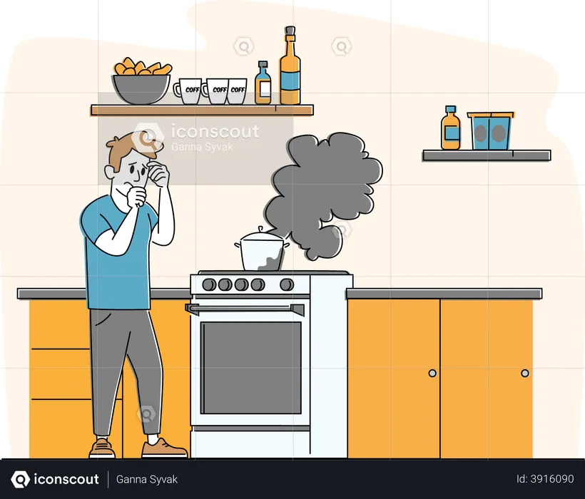 Upset Man Stand at Oven with Burning Fire in Pan  Illustration