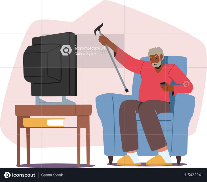 Upset Senior Man Watching Tv Waving Cane  Illustration