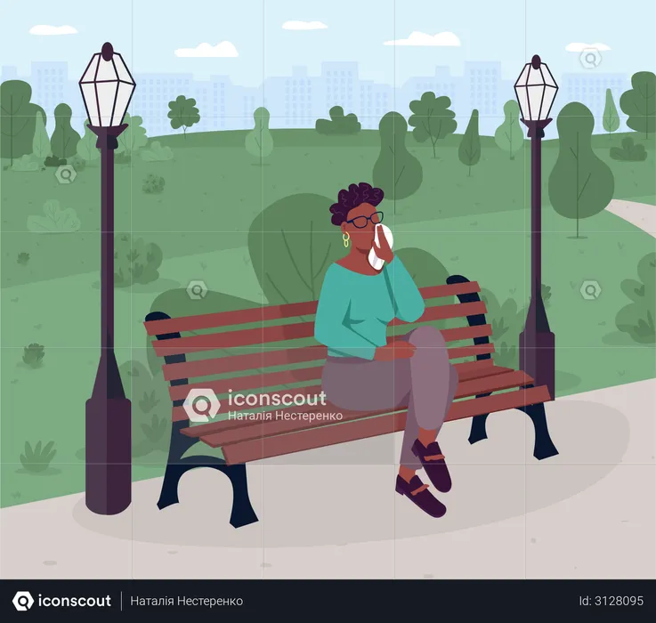 Upset woman sitting on bench in park  Illustration