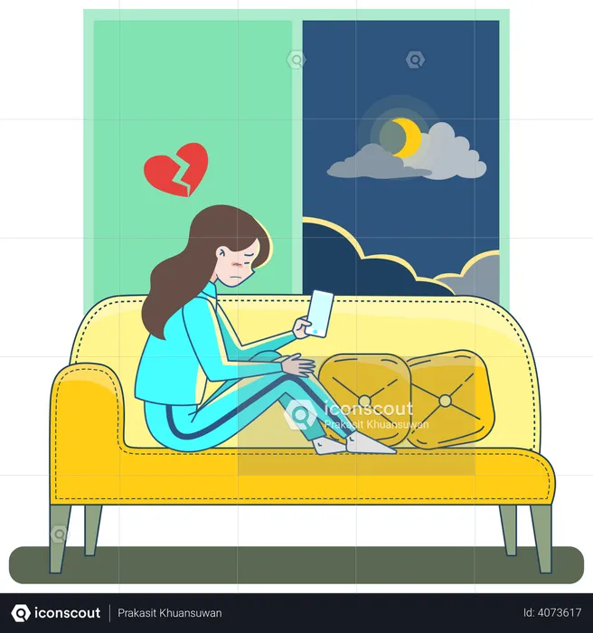 Upset woman with broken heart holding smartphone  Illustration