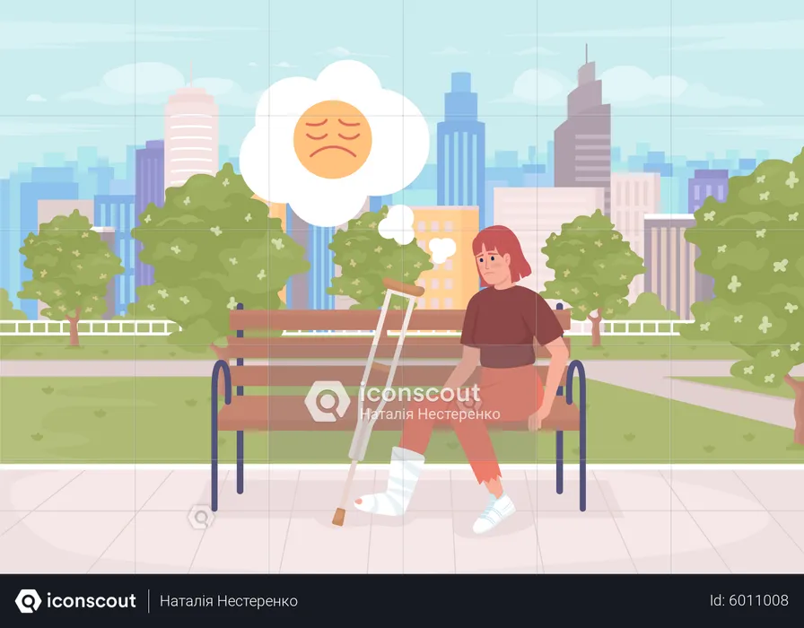 Upset woman with broken leg in park  Illustration