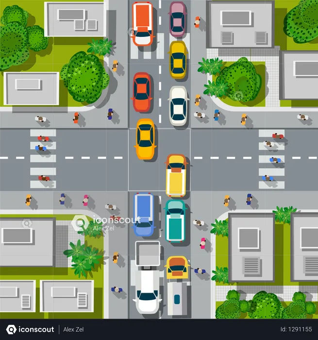 Urban crossroads with cars  Illustration