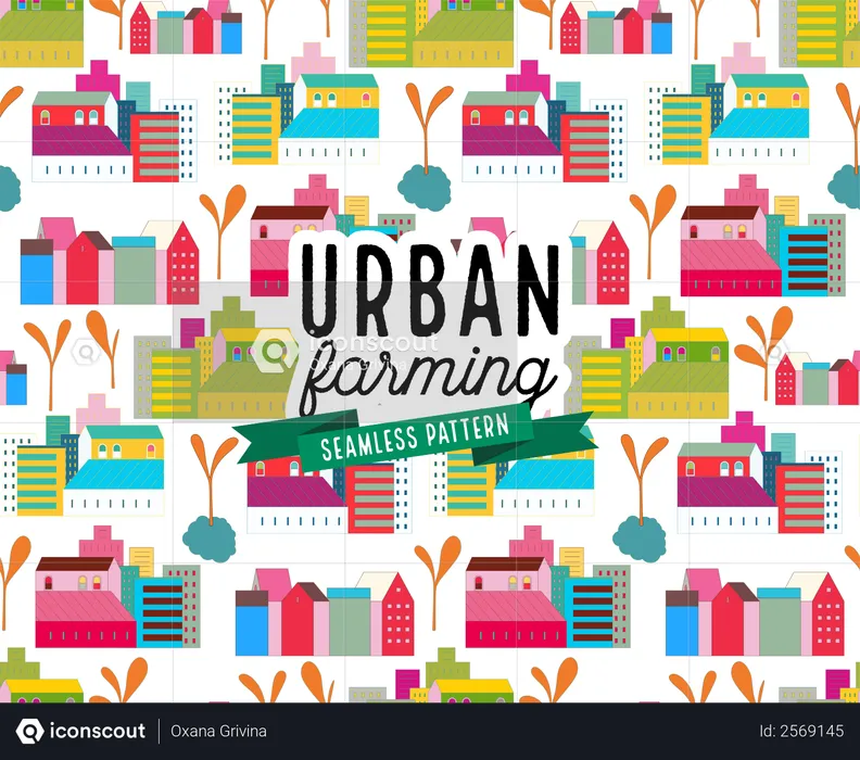 Urban farming and gardening - houses and sprouts pattern  Illustration