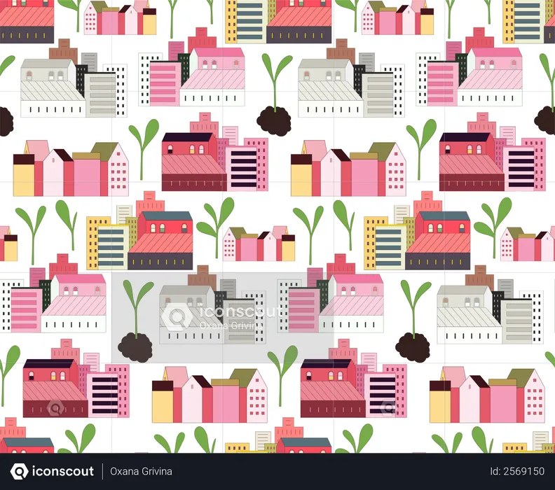 Urban farming and gardening - houses and sprouts pattern  Illustration