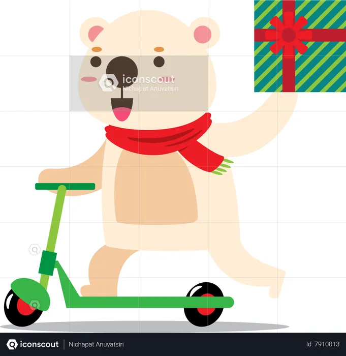 Urso polar com lenço vermelho entregando presente de Natal  Ilustração