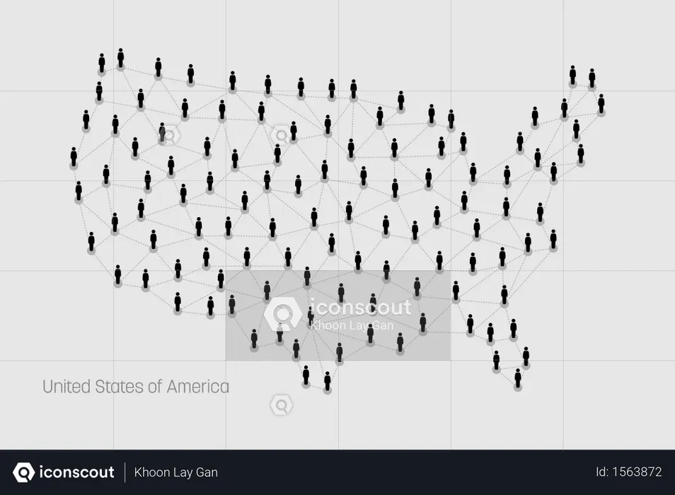 미국 지도. 미국 지도. 벡터 맵은 미국 모양을 형성하는 대규모 인터넷 웹 라인과 점을 통해 연결되는 사람들을 묘사합니다.  일러스트레이션