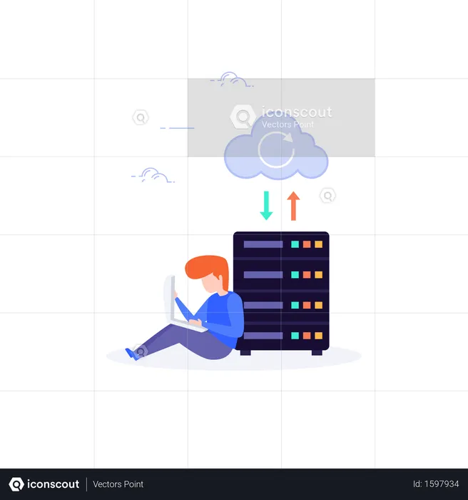 User Transferring data from cloud to server via laptop  Illustration