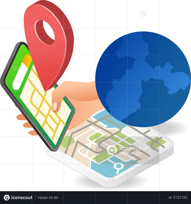 Using world location map smartphone app  Illustration