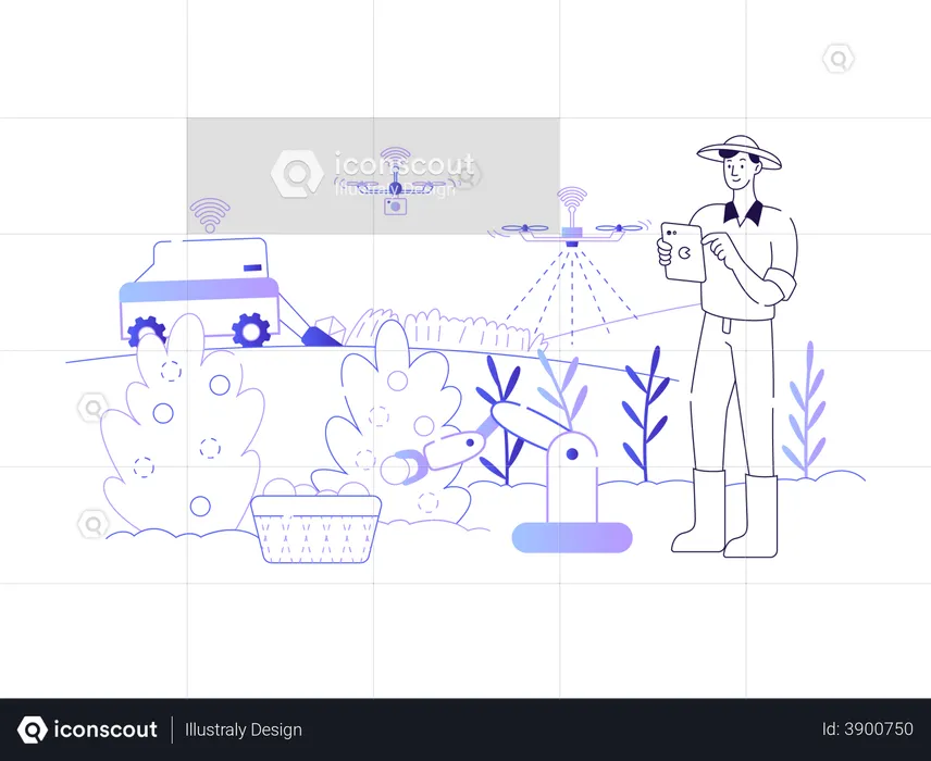 Tecnologia inteligente usada pelo agricultor moderno  Ilustração