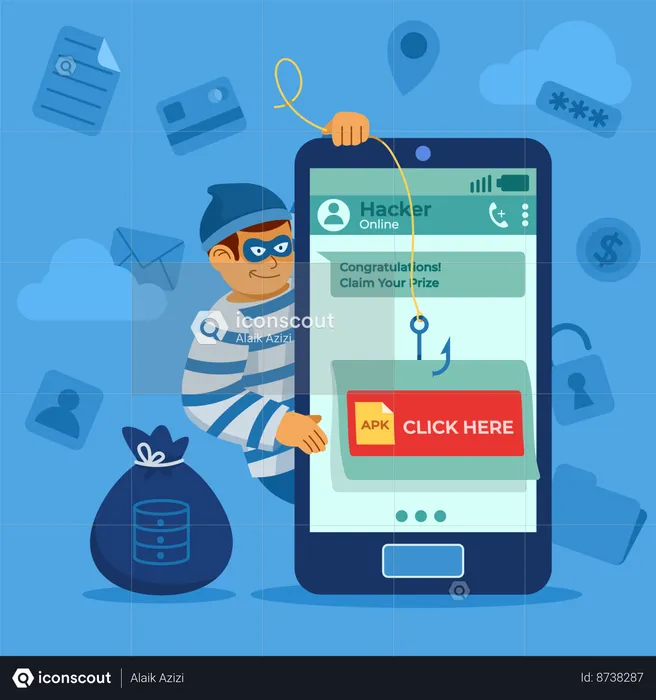 Usuário de telefone para atrair ladrão de dados  Ilustração