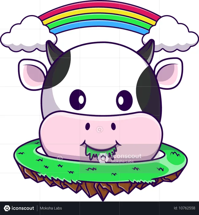 Vaca comendo grama com nuvem de arco-íris  Ilustração