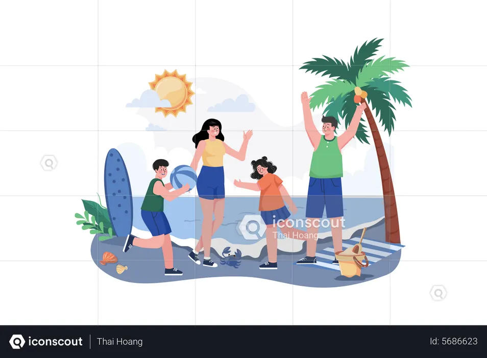 Vacaciones familiares en la playa  Ilustración