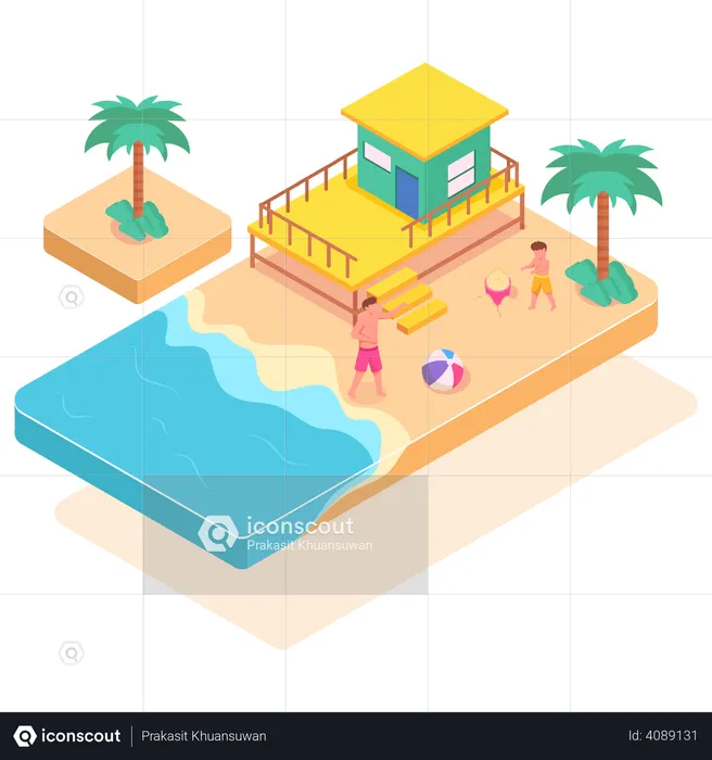 Famille profitant de vacances à la plage  Illustration