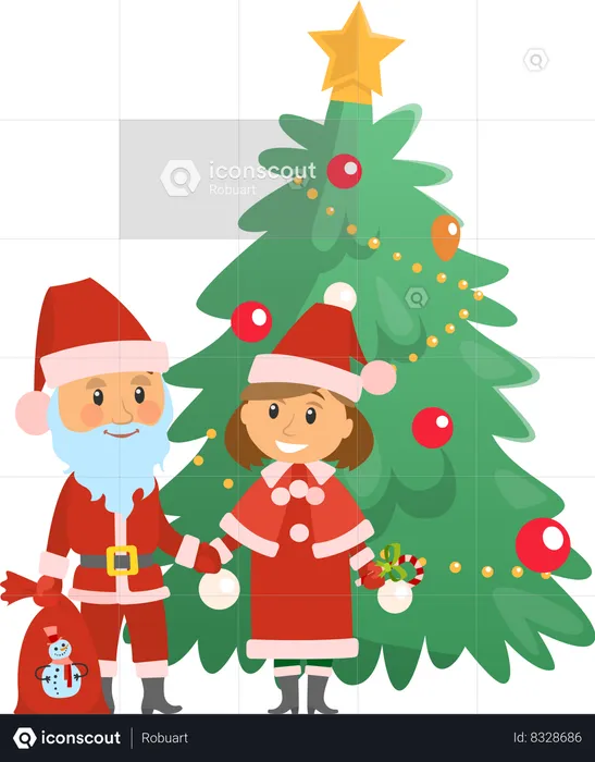 Les vacances de Noël approchent, le Père Noël près de l'arbre  Illustration