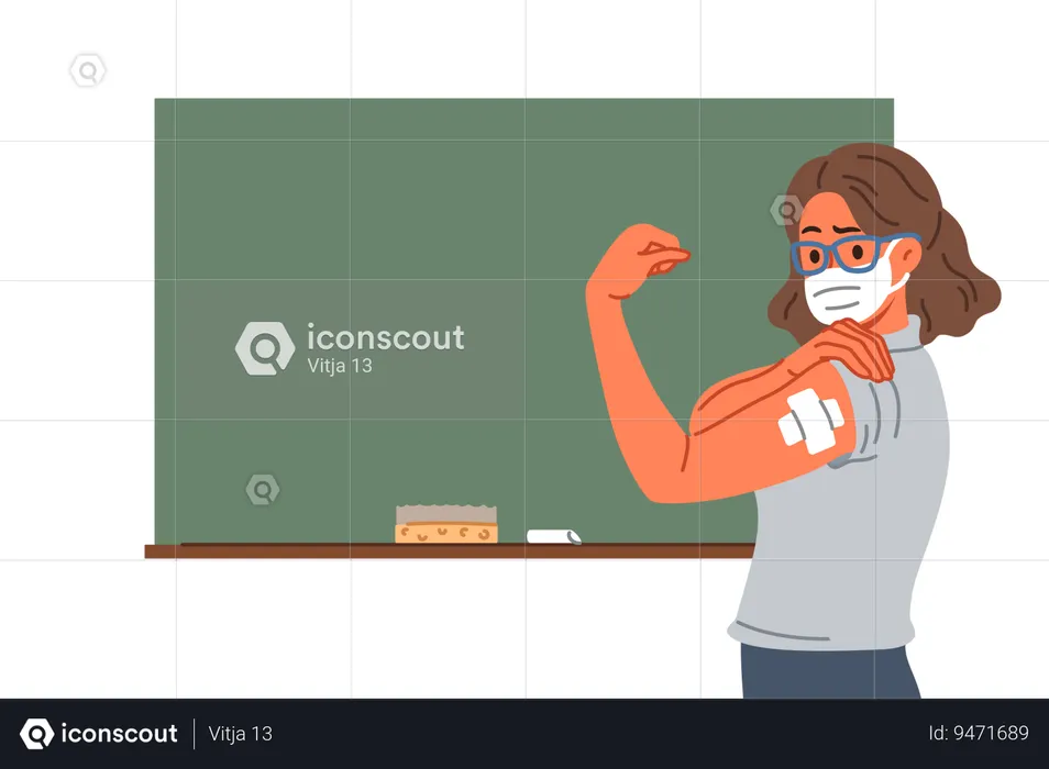 Vaccinated female teacher demonstrates patch at injection site on arm standing near school board  Illustration