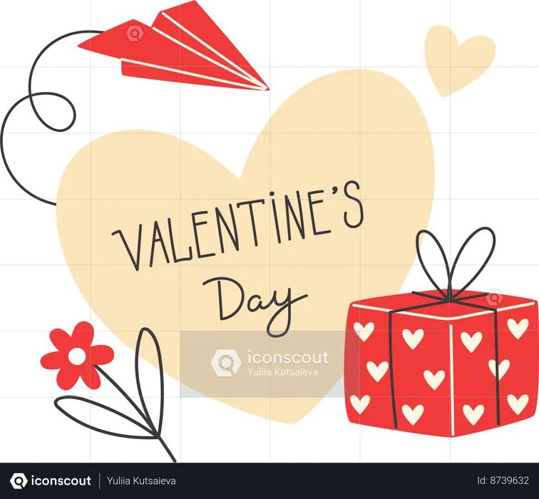 Valentine's day card with heart, gift box and paper airplane  Illustration
