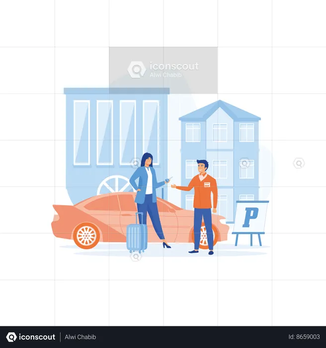 Valet parking worker gets keys from clients car  Illustration