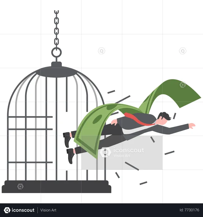 Valiente hombre de negocios escapa de la jaula usando sus alas de dinero,  Ilustración