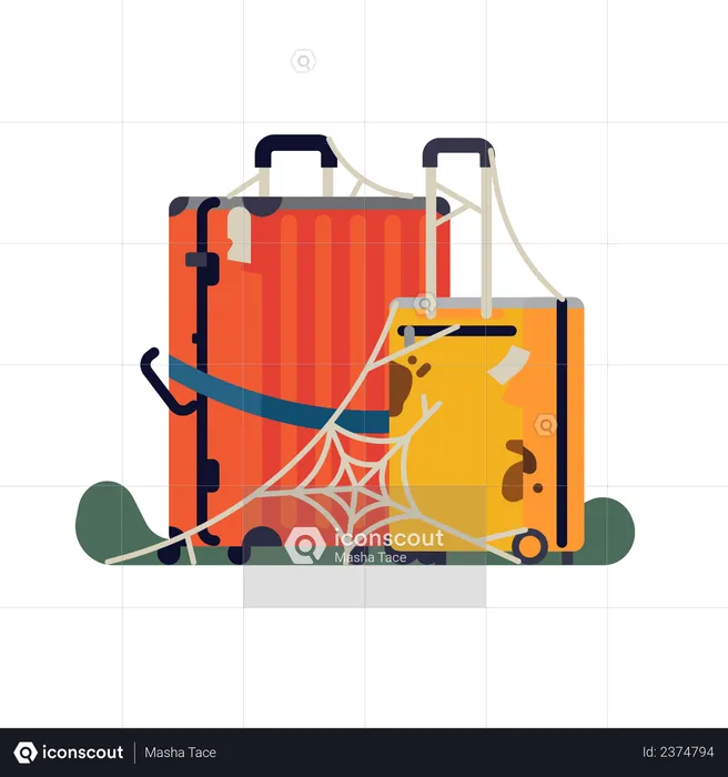 Valises à bagages inutiles laissées inutilisées et abandonnées depuis si longtemps qu'il y a une toile d'araignée dessus  Illustration