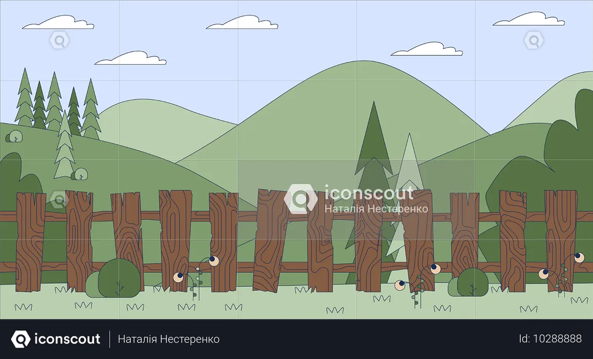 Valla de madera en un campo en una pintoresca montaña  Ilustración