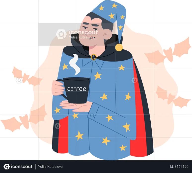 Vampire in pajamas drinking coffee  Illustration