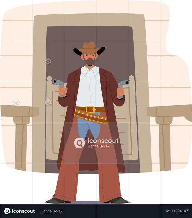 Vaquero de pie frente a un salón sosteniendo dos armas  Ilustración