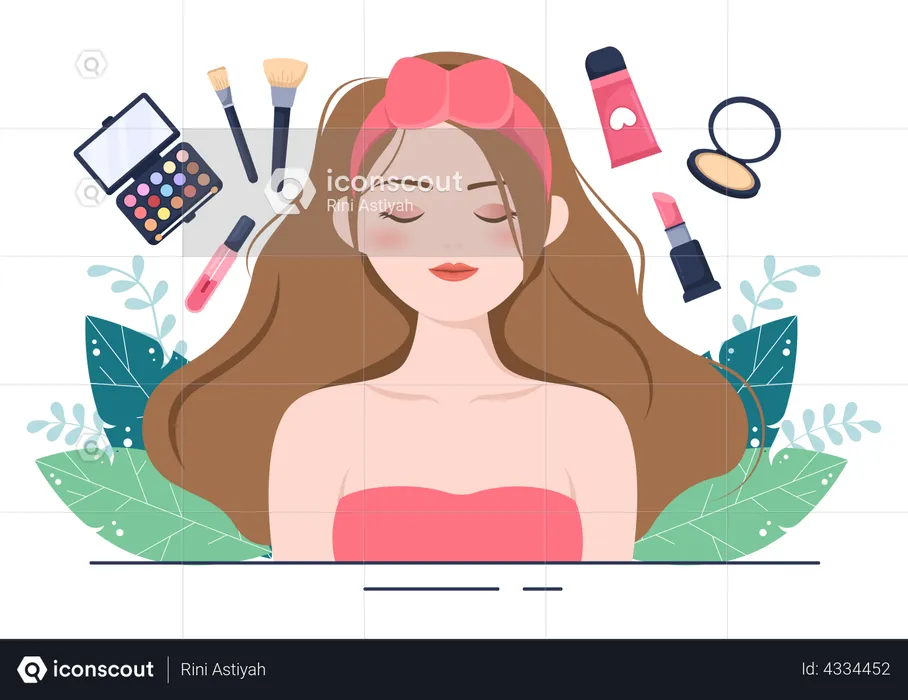 Variedad de cosméticos de maquillaje femenino.  Ilustración