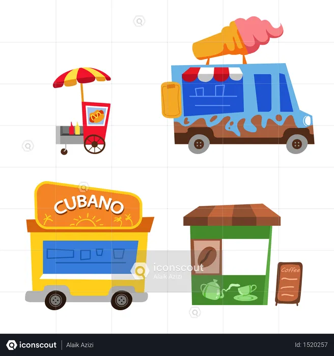Various of street food stall childish cartoon illustration.  Illustration