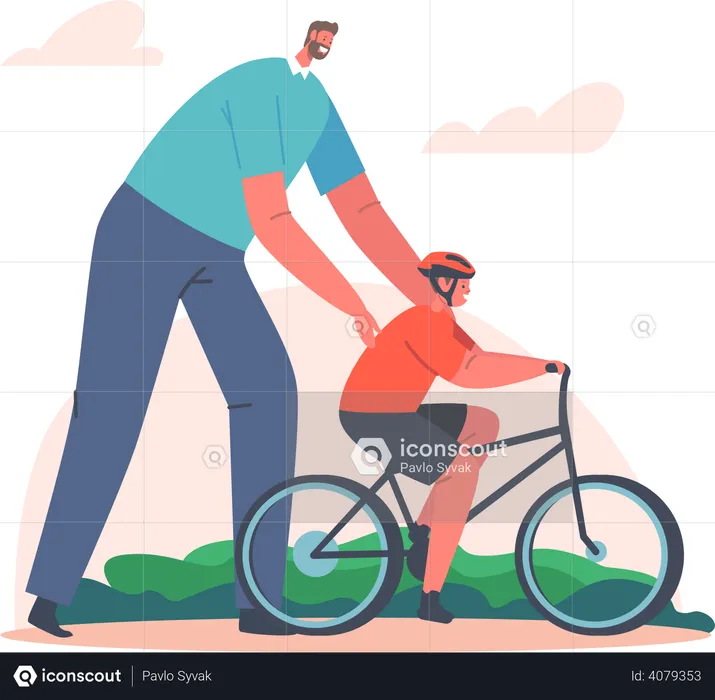 Vater bringt Sohn Radfahren bei  Illustration