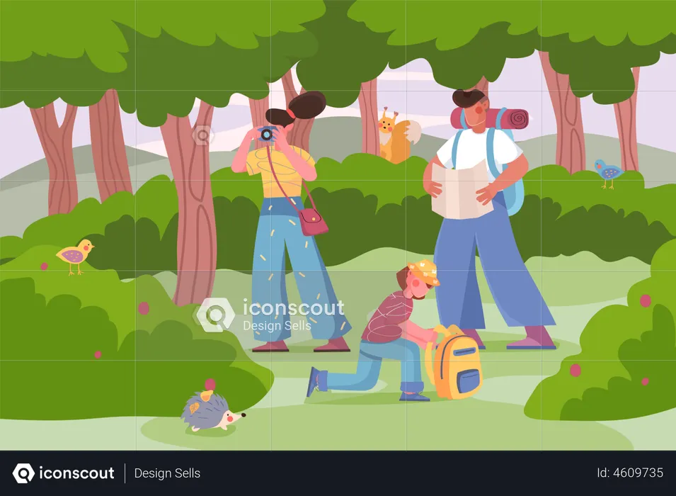 Vater, Mutter und Tochter mit Rucksäcken wandern im Wald  Illustration