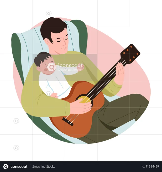 Vater spielt Gitarre mit Kleinkind  Illustration