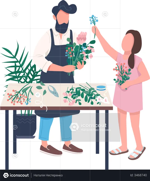 Vater und Tochter arrangieren gemeinsam Blumen  Illustration