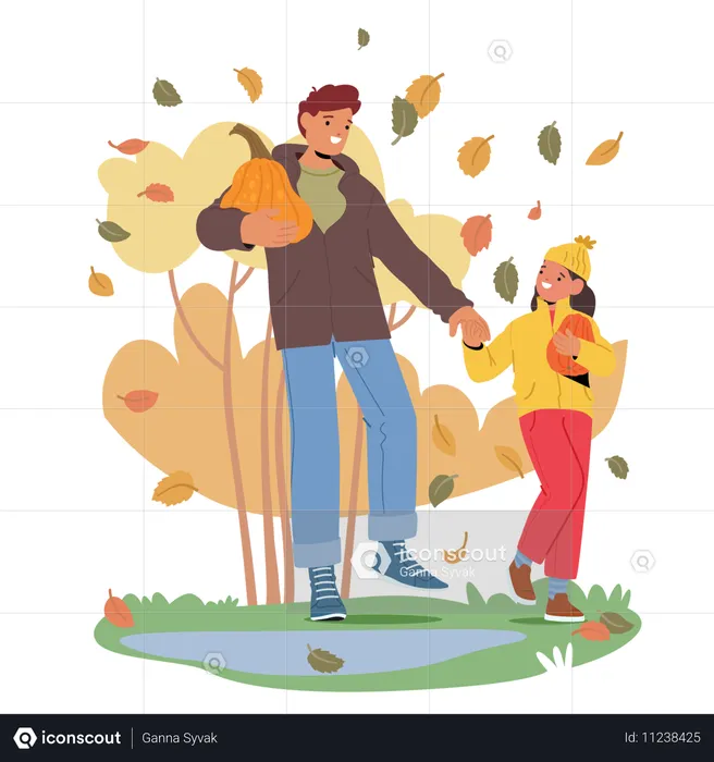 Vater und Tochter halten Kürbisse in der Hand, während sie einen Spaziergang im Herbstpark genießen  Illustration