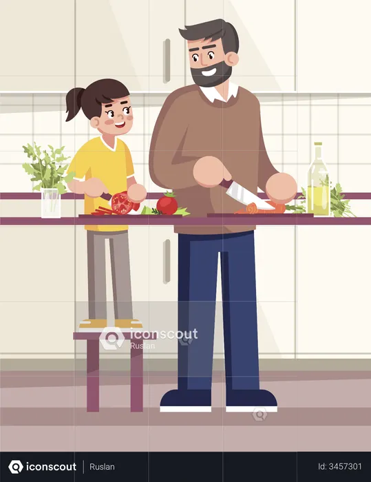 Vater und Tochter kochen zusammen  Illustration