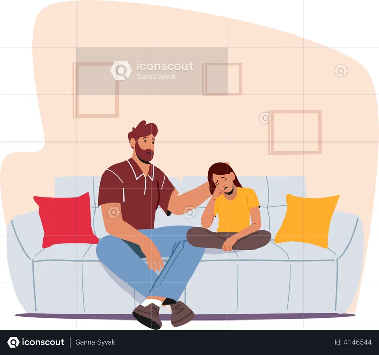 Vater und weinende Tochter sitzen auf Sofa im Zimmer  Illustration