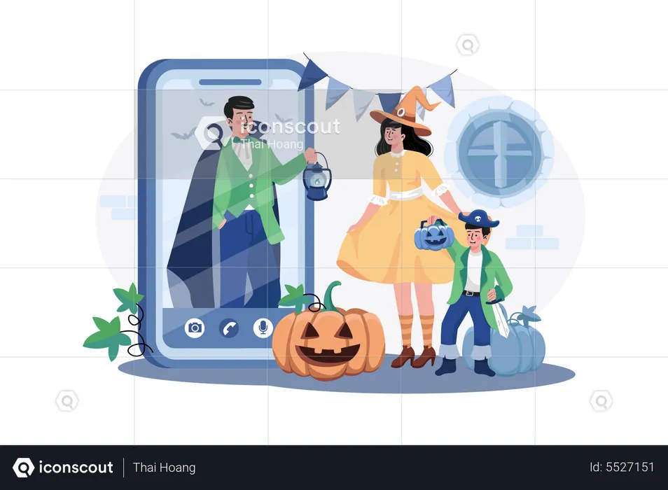 Vater wünscht Familie per Videoanruf ein frohes Halloween  Illustration