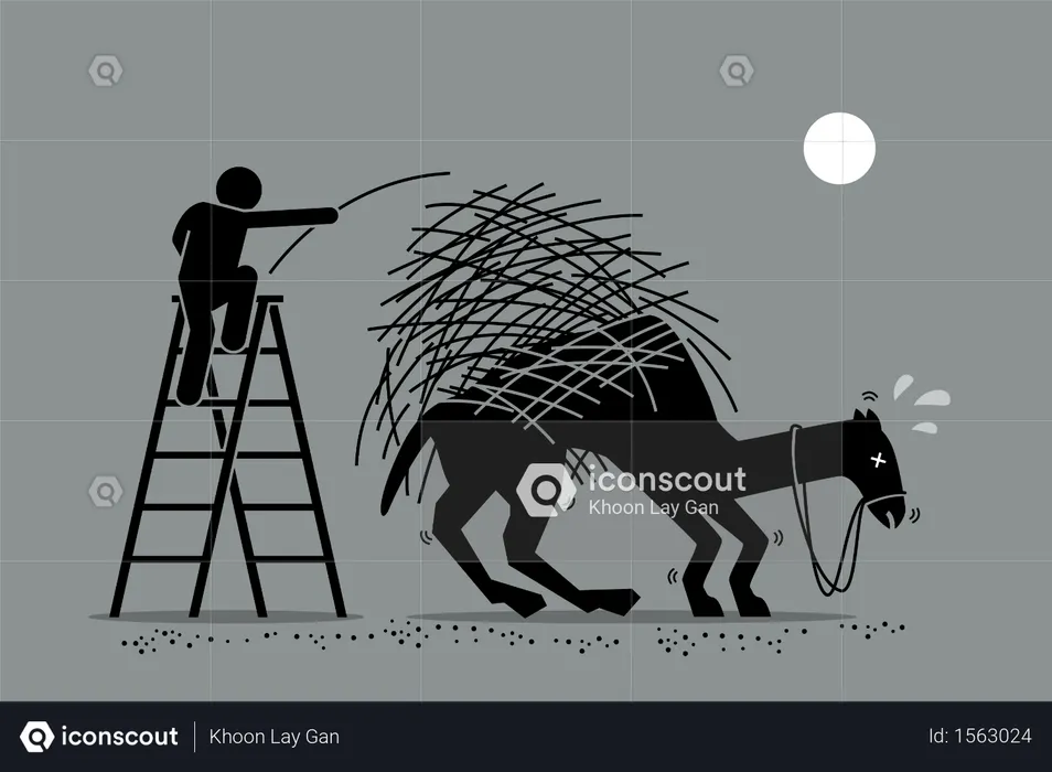 Vector artwork depicts a man putting one a straw to an already overburdened camel back. Concept depicts overworked, pressure, and final tolerable event.  Illustration