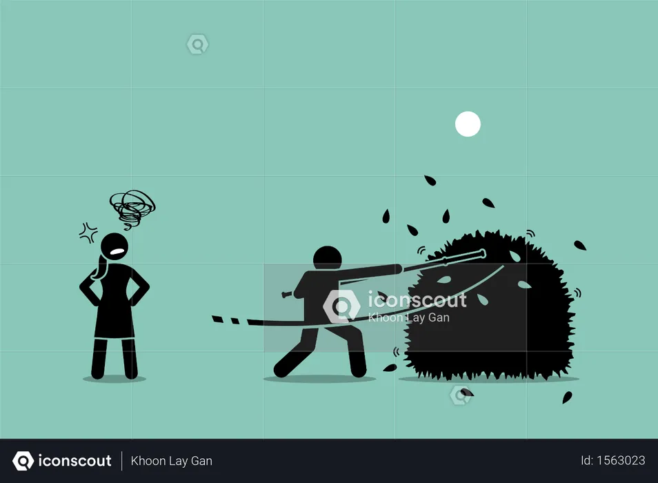 Vector artwork of a man using a stick to beat around the bushes while the woman gets annoyed by him for failing to be straight forward of what he actually wanted  Illustration