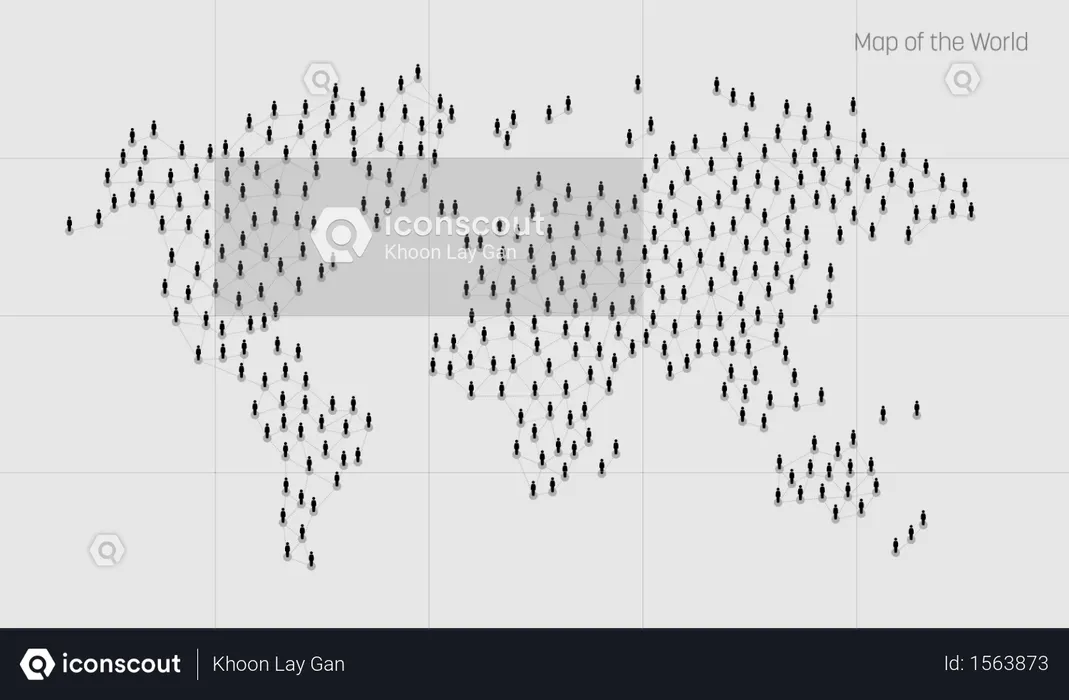 Vector map depicts people connecting through a large Internet web line and dots forming the shape of the world  Illustration